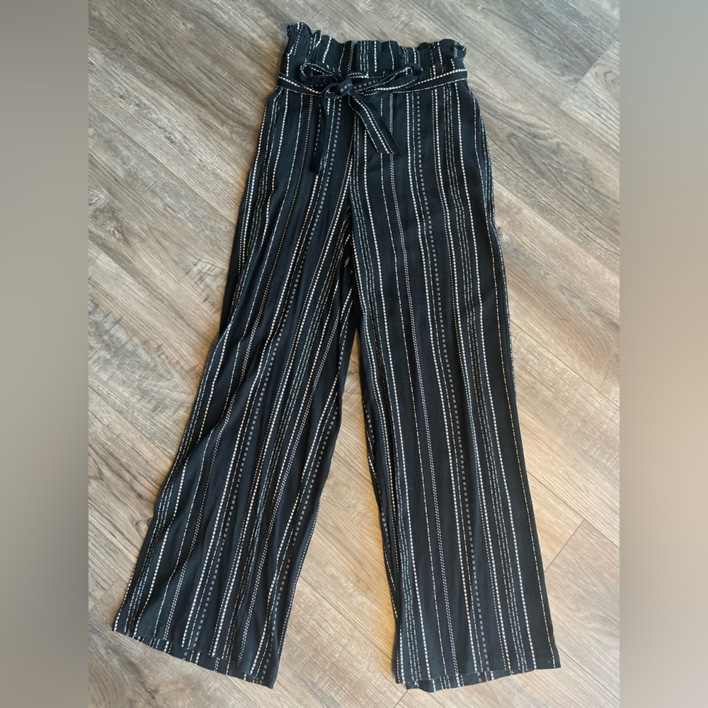 Black stripped casual pants with ties and pockets